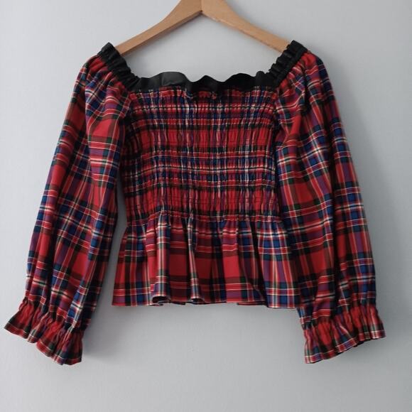 Tanya Taylor Smocked Crop Blouse Red Multi 2 - Picture 4 of 10